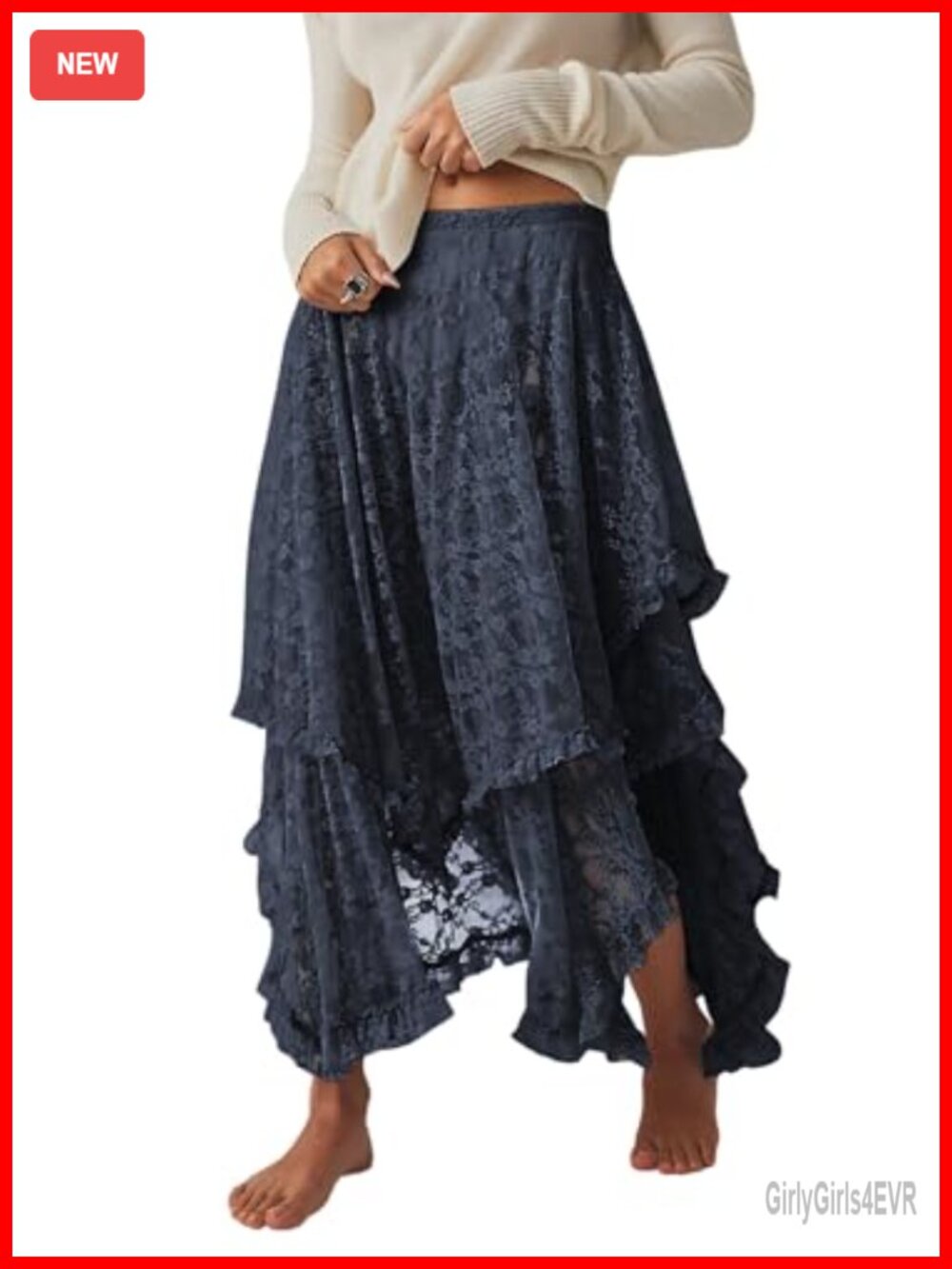 Lace Floral Maxi Skirt Handkerchief Hem Cover Up